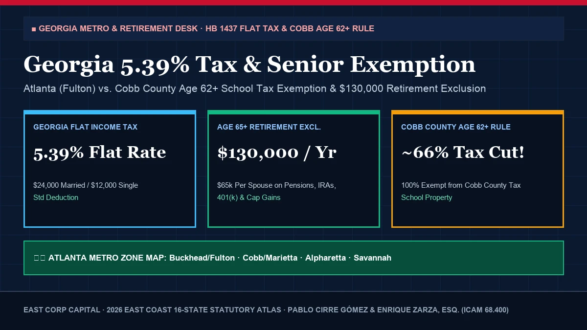 2026 Georgia 5.39 Percent Flat Income Tax 130k Retirement Exclusion and Cobb vs Fulton Property Tax Map