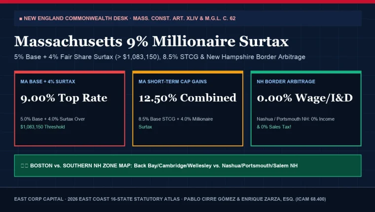 2026 Massachusetts Paycheck Calculator and 9 Percent Millionaire Surtax vs New Hampshire Border Arbitrage Map