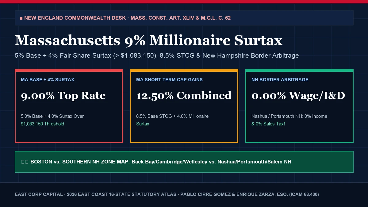2026 Massachusetts Paycheck Calculator and 9 Percent Millionaire Surtax vs New Hampshire Border Arbitrage Map