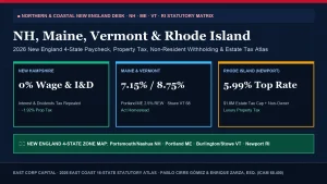 2026 Northern and Coastal New England 4 State Tax Comparison Map New Hampshire Maine Vermont Rhode Island